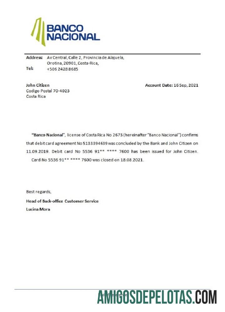 Referência de fechamento do Banco Nacional da Costa Rica exemplo real